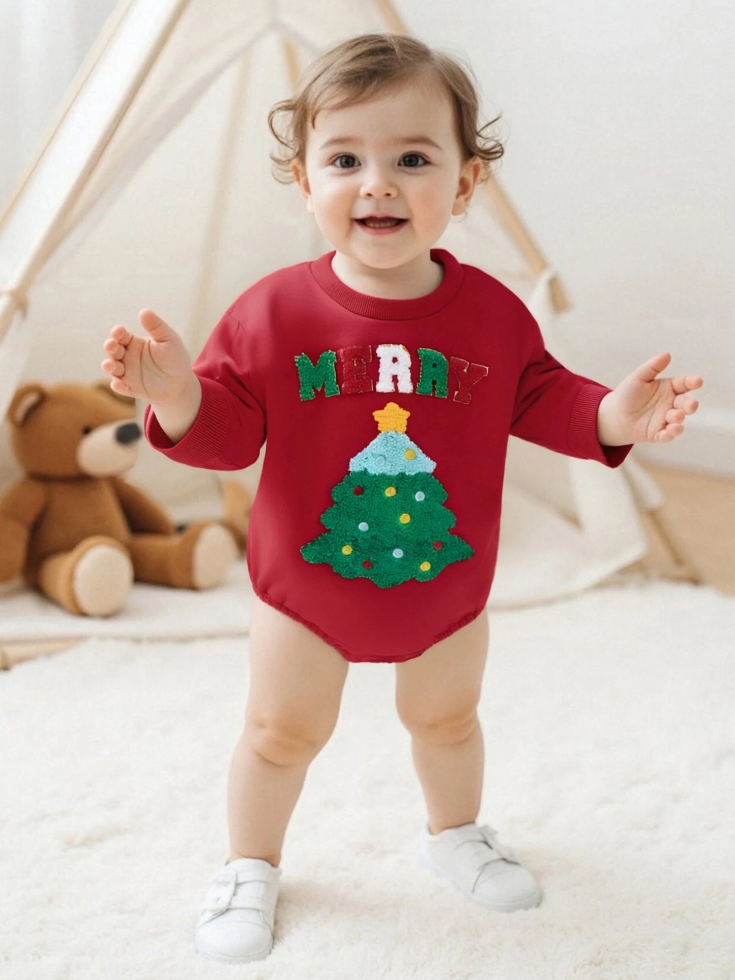 Baby Girl Boy Merry Romper Long Sleeve Round Neck Letter Christmas Tree Embroidery Bubble Jumpsuit