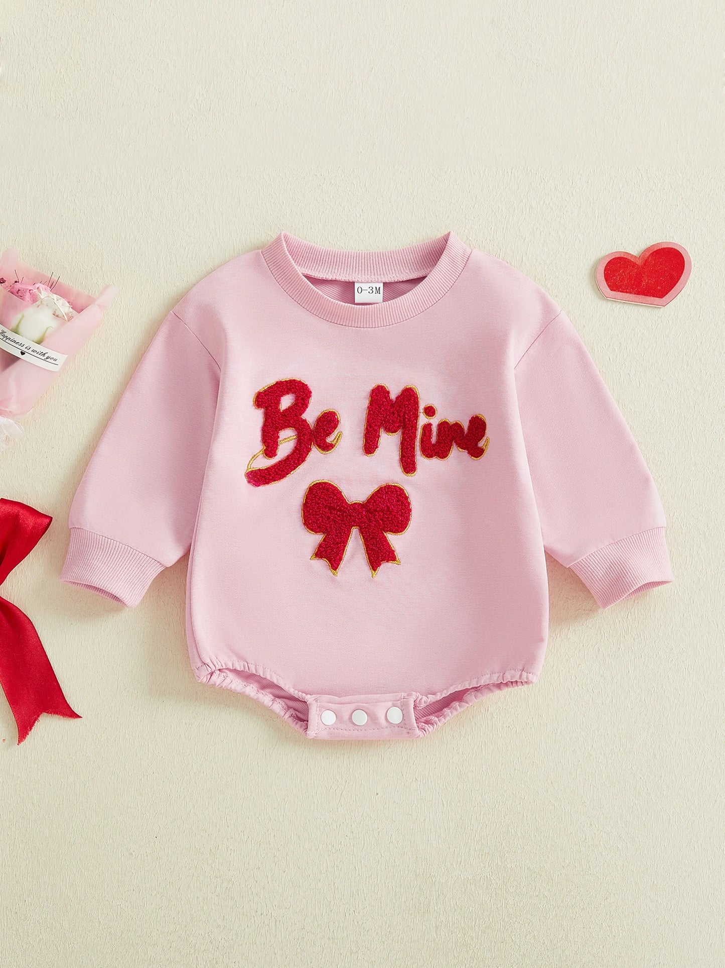 Baby Girl Be Mine Valentine's Day Romper Long Sleeve Round Neck Letter Embroidery Bodysuit