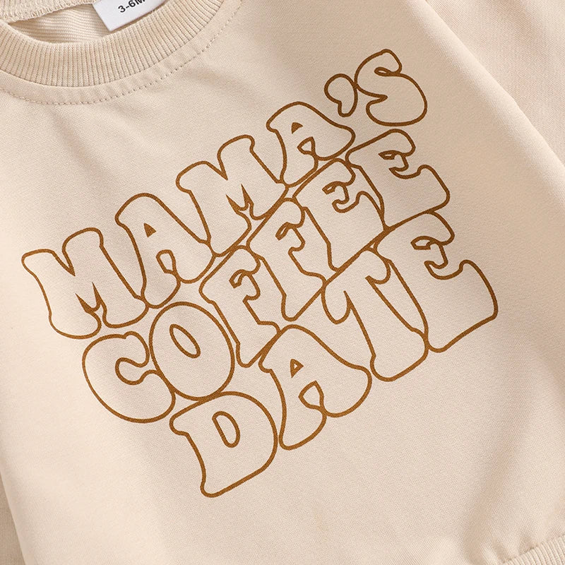 Baby Toddler Boys Girls 2Pcs Mama's Coffee Date Outfit Letter Print Long Sleeve Crewneck Top and Elastic Pants Jogger Set Fall