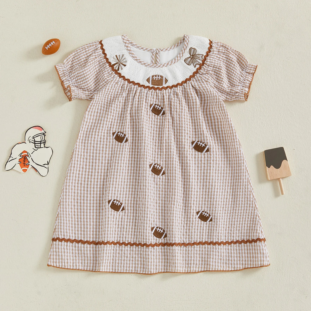 Toddler Kids Girl Dress Loose Fit Football Embroidered Plaid Crew Neck Short Sleeve Dress Summer Fall