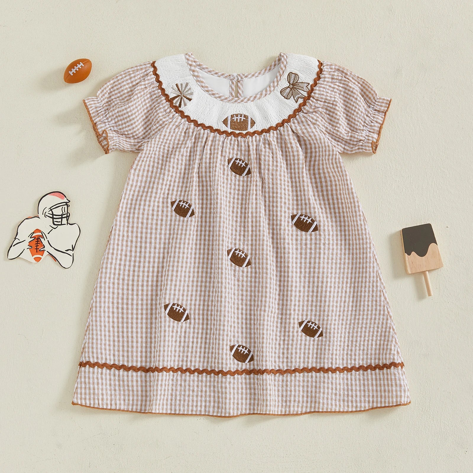 Toddler Kids Girl Dress Loose Fit Football Embroidered Plaid Crew Neck Short Sleeve Dress Summer Fall