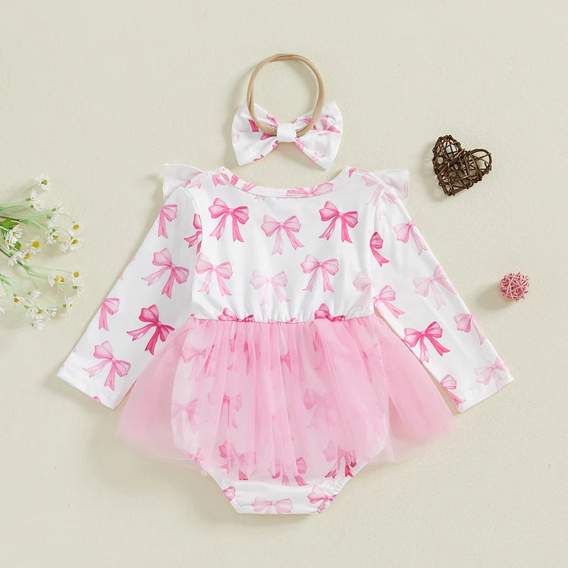 Baby Girls 2Pcs Romper Dress Bow Print Ruffled Trim Long Sleeve Tutu Jumpsuit Headband Outfit Set