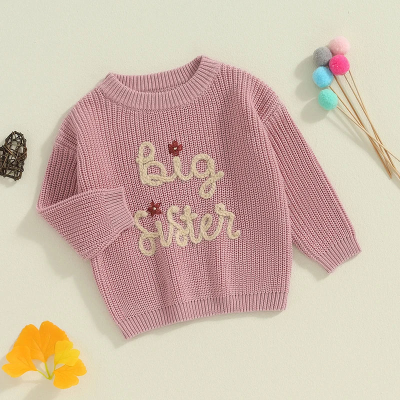 Baby Toddler Kids Girls Big Sister Autumn Winter Knit Sweater Long Sleeve O Neck Letter Embroidery Pullover Knitwear Top