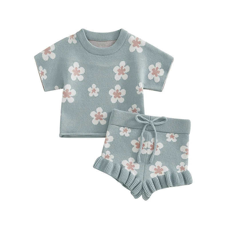 Baby Toddler Girls 2Pcs Clothes Set Short Sleeve Floral Flowers Print Knit Top +Shorts Bloomers Spring Outfit