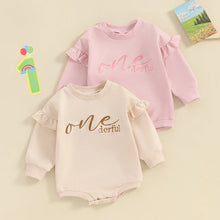 Load image into Gallery viewer, Baby Girl Birthday Long Sleeve Crew Neck Ruffle Sleeve Onederful Letter Romper One Year Old Bodysuit
