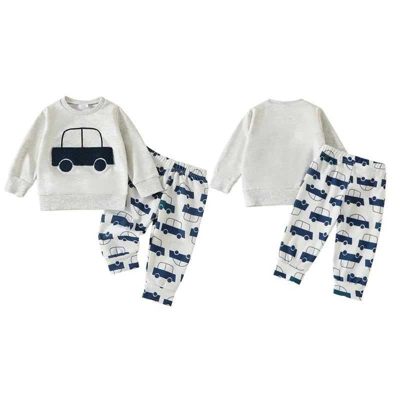 Baby Toddler Boys 2Pcs Outfit Car Tractor Embroidery Long Sleeve Pullover Crewneck Top Elastic Waist Pants Jogger Set