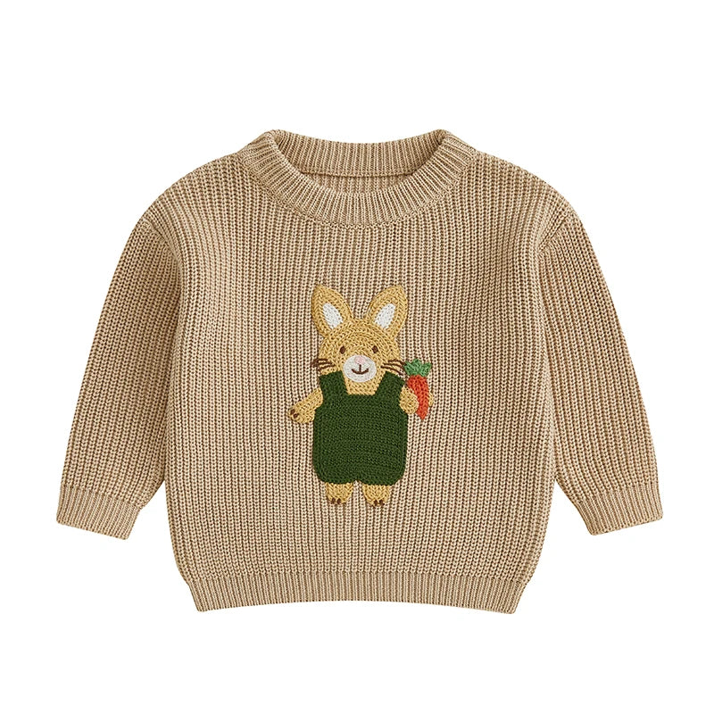 Baby Toddler Kids Girls Boys Pullover Sweater Casual Long Sleeve Easter Bunny Rabbit Embroidery Knitwear Knit Top