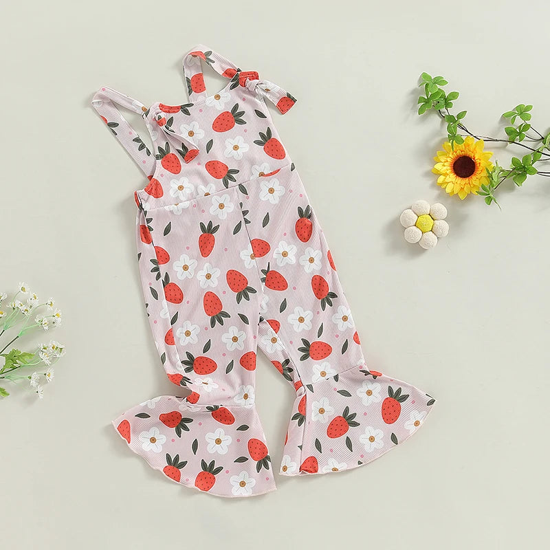 Baby Toddler Girl Summer Romper Casual Knotted Straps Floral Flowers Strawberry Print Sleeveless Flared Pant Jumpsuit