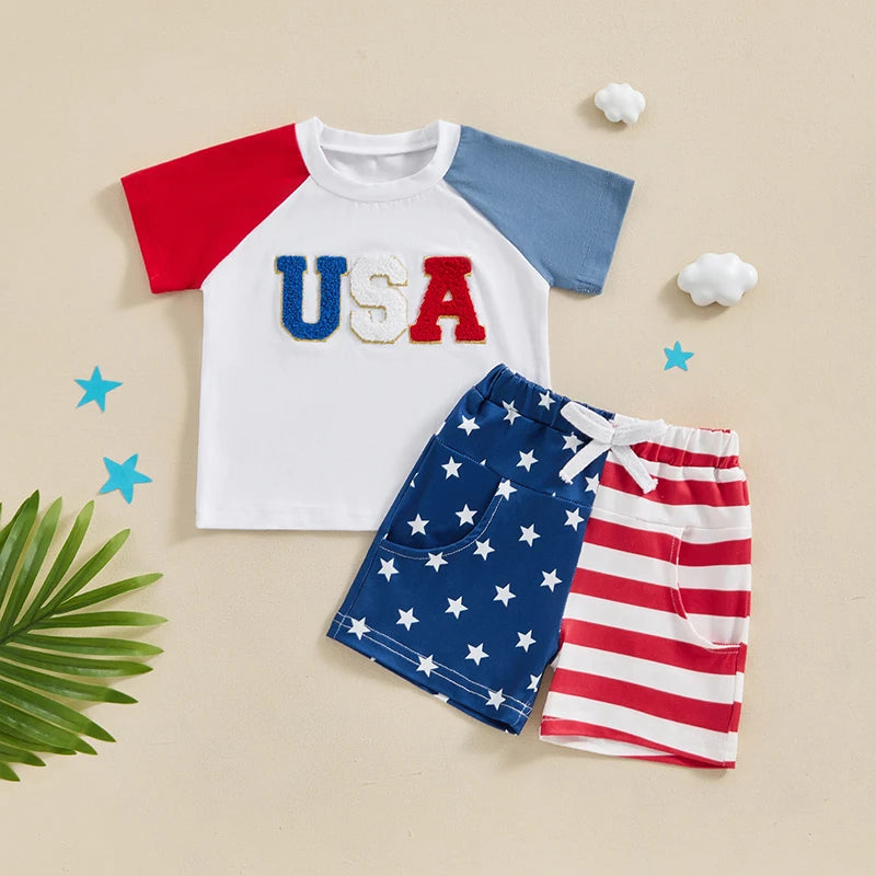 Baby Toddler Boys 2Pcs 4th of July White Short Sleeve USA Letter Embroidery Top Star Stripe Print Shorts Set