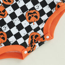 Load image into Gallery viewer, Baby Girl Boy Halloween Bodysuit Long Sleeve Pumpkin Printed Crew Neck Checkered Romper
