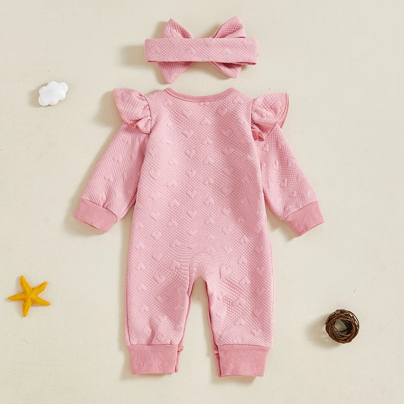 Baby Girls 2Pcs Heart Pattern Set Ruffled Trim Long Sleeve Round Neck Full Leg Romper Headband Outfit Set