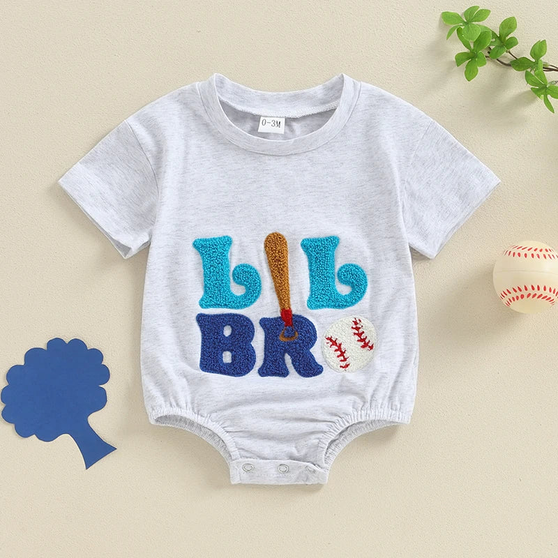 Baby Girl Boy Romper Short Sleeve Crew Neck Big Lil Bro Baseball Brother Big Sis Sister Letter Embroidery Bodysuit