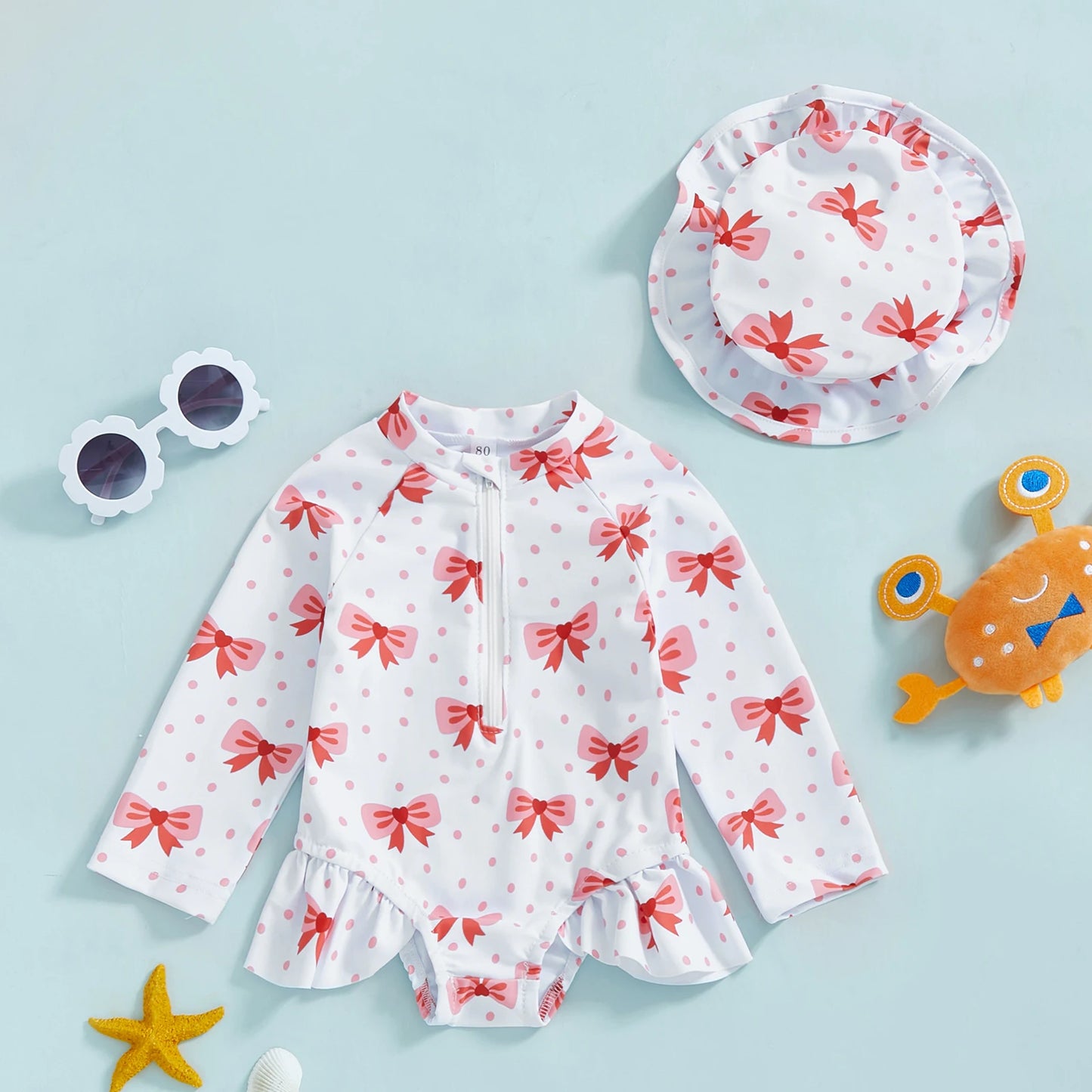 Baby Toddler Girls 2Pcs Rash Guard Swimsuit with Hat Bow Floral Print Zip Up Long Sleeve Crew Neck Swimwear Bathing Suit Set