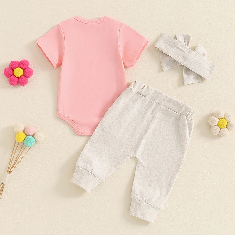 Baby Girl 3Pcs Little Sis Outfit Letter Embroidered Short Sleeve Romper Long Pants Headband Set