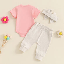 Load image into Gallery viewer, Baby Girl 3Pcs Little Sis Outfit Letter Embroidered Short Sleeve Romper Long Pants Headband Set
