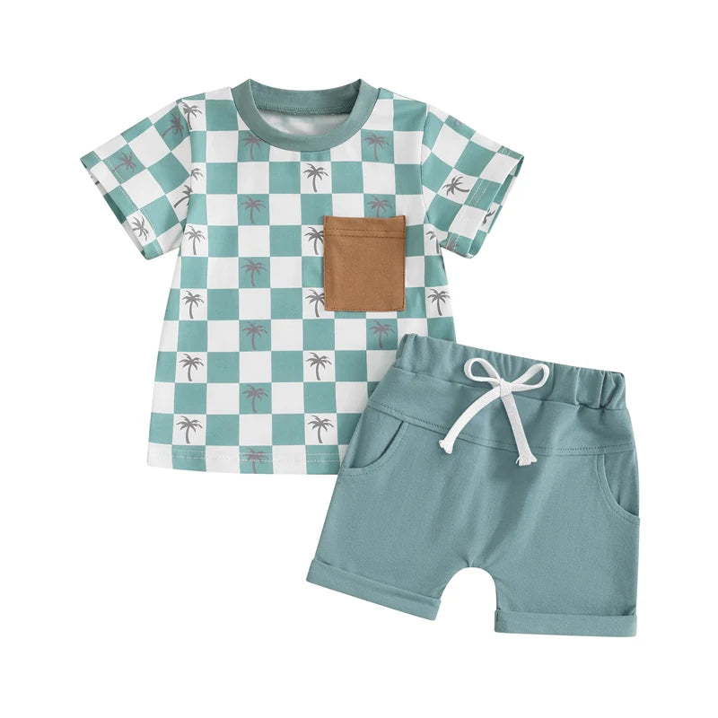 Baby Toddler Boys 2Pcs Summer Spring Shorts Set Short Sleeve Checker Palm Tree Print Top with Elastic Waist Shorts Outfit