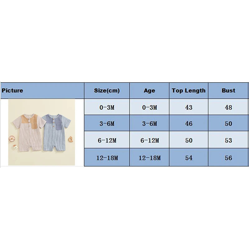 Baby Boys Button Romper Short Sleeve Stripe Print Jumpsuit Pocket Casual Clothes