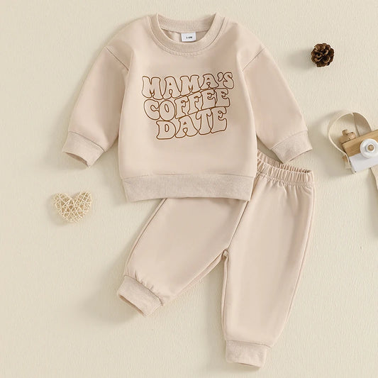 Baby Toddler Boys Girls 2Pcs Mama's Coffee Date Outfit Letter Print Long Sleeve Crewneck Top and Elastic Pants Jogger Set Fall