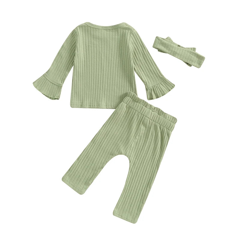 Baby Toddler Girls 3Pcs Outfit Long Flared Sleeve Round Neck Solid Color Top Ribbed Pants Headband Set