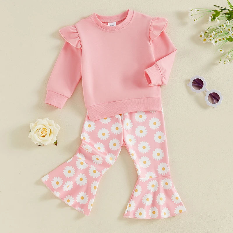 Toddler Kids Girls 2Pcs Fall Outfit Flying Sleeve Solid Color Pullover Top with Flower Floral Flared Pants Set