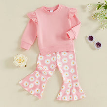 Load image into Gallery viewer, Toddler Kids Girls 2Pcs Fall Outfit Flying Sleeve Solid Color Pullover Top with Flower Floral Flared Pants Set
