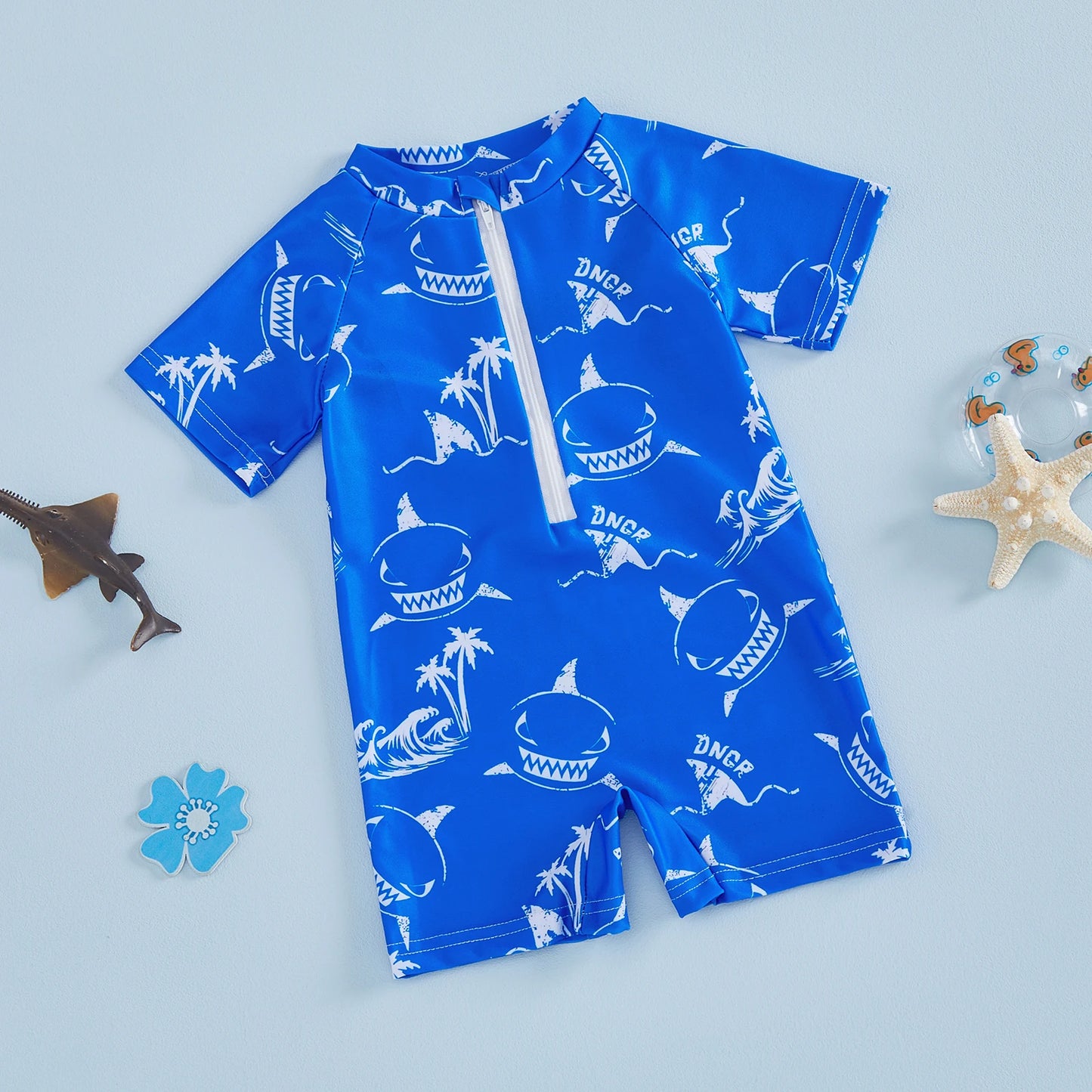 Baby Toddler Boys Rash Guard Swimsuits Cute Shark Animal Printed Short Sleeve Swimwear Romper