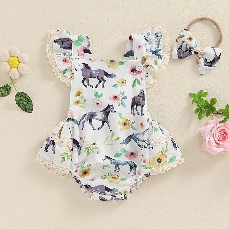 Baby Girl 2Pcs Summer Jumpsuit Farm Cow Horse Sunflower Flower Print Lace Trim Romper and Headband Bow Set