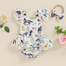 Load image into Gallery viewer, Baby Girl 2Pcs Summer Jumpsuit Farm Cow Horse Sunflower Flower Print Lace Trim Romper and Headband Bow Set
