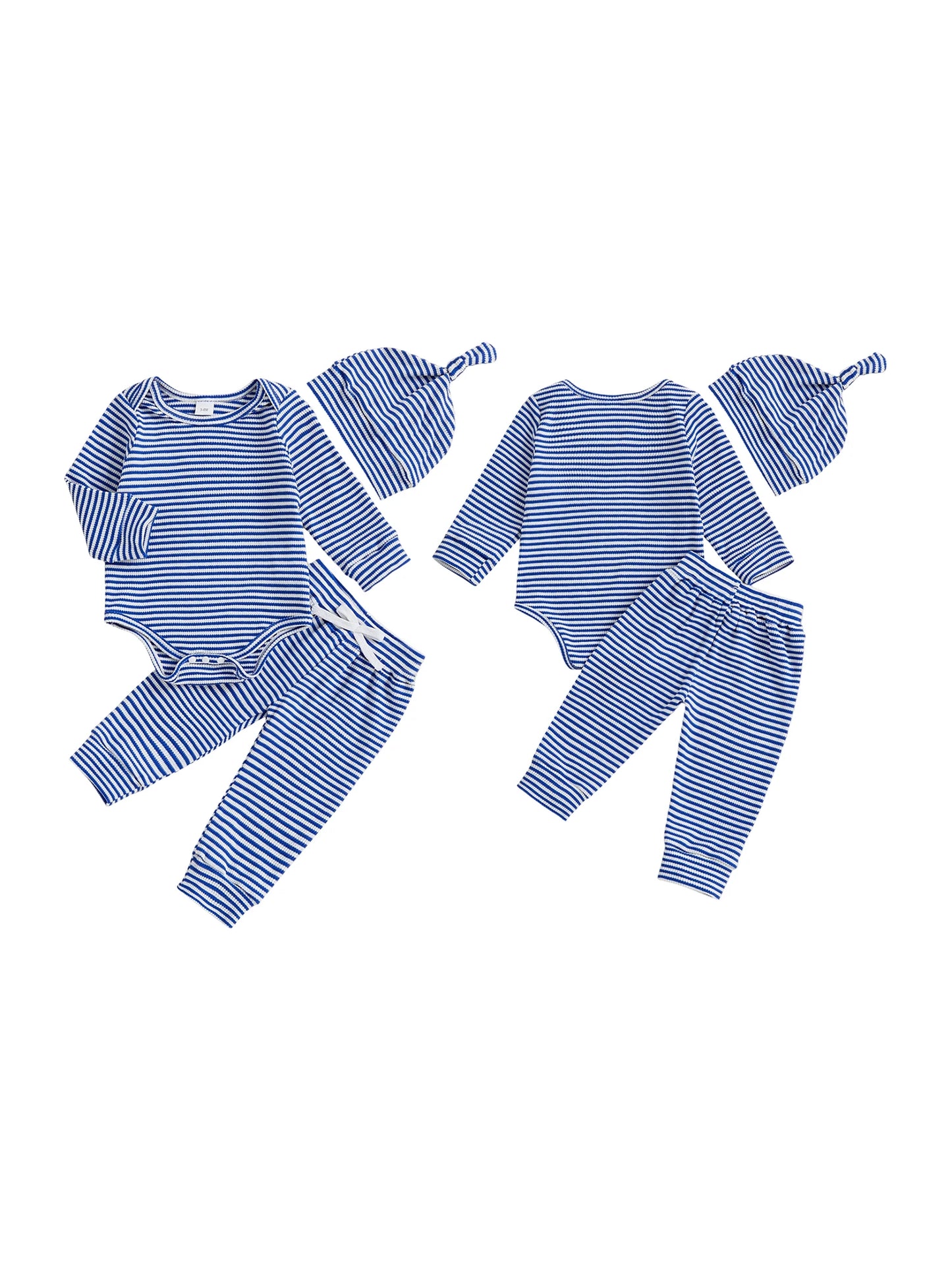 Baby Boys Girls 3Pcs Outfits Striped Crew Neck Long Sleeve Romper Pants and Cap Hat Set