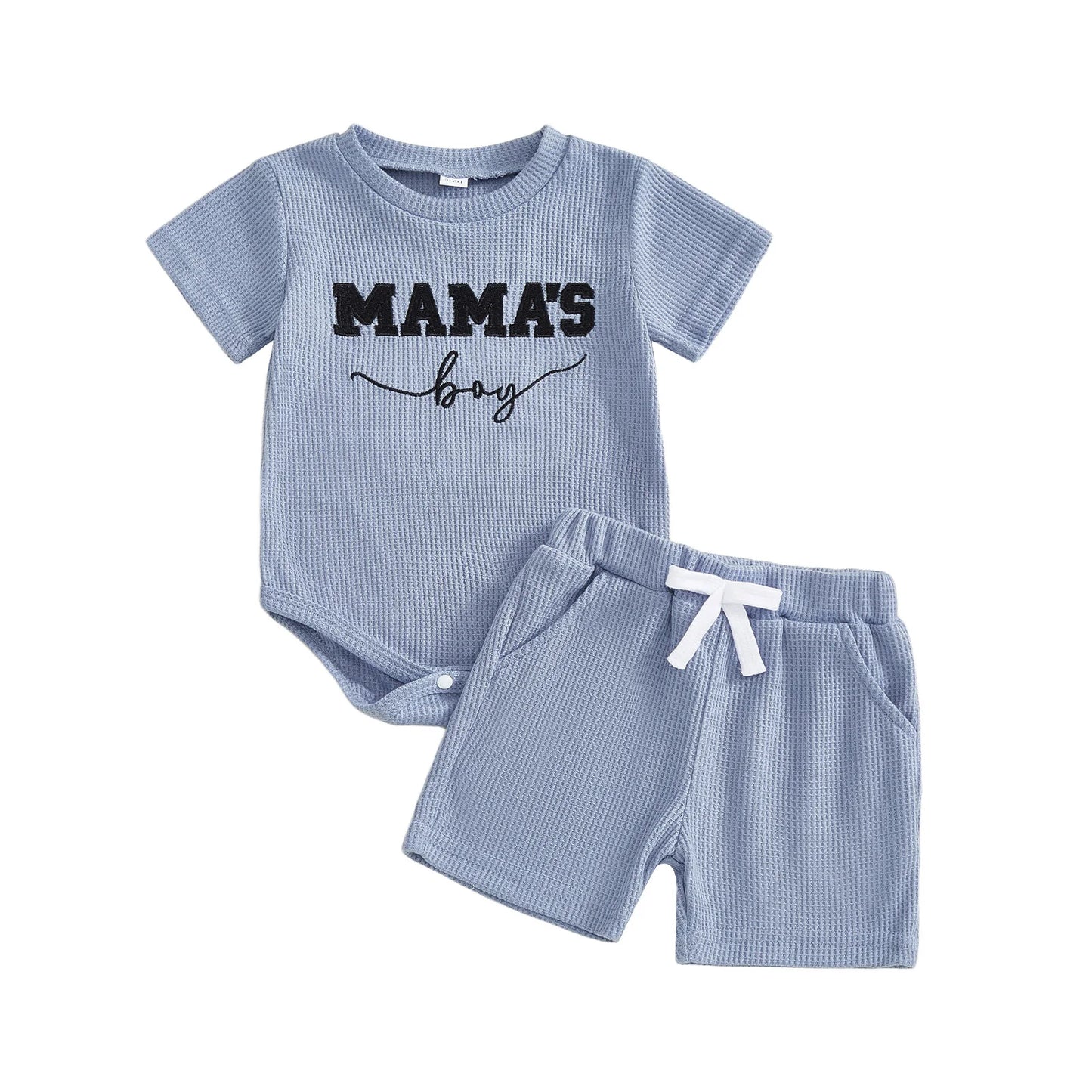 Baby Boys 2Pcs Mama's Boy Shorts Set Letter Embroidered Short Sleeve Romper and Shorts 2 Piece Waffle Knit Summer Outfit
