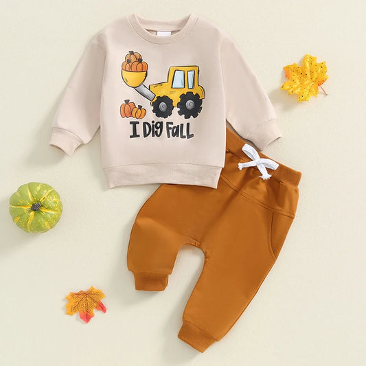 Baby Toddler Boys 2Pcs I Dig Fall Halloween Thanksgiving Outfit Tractor Pumpkin Print Long Sleeve Crew Neck Top and Elastic Pants Set