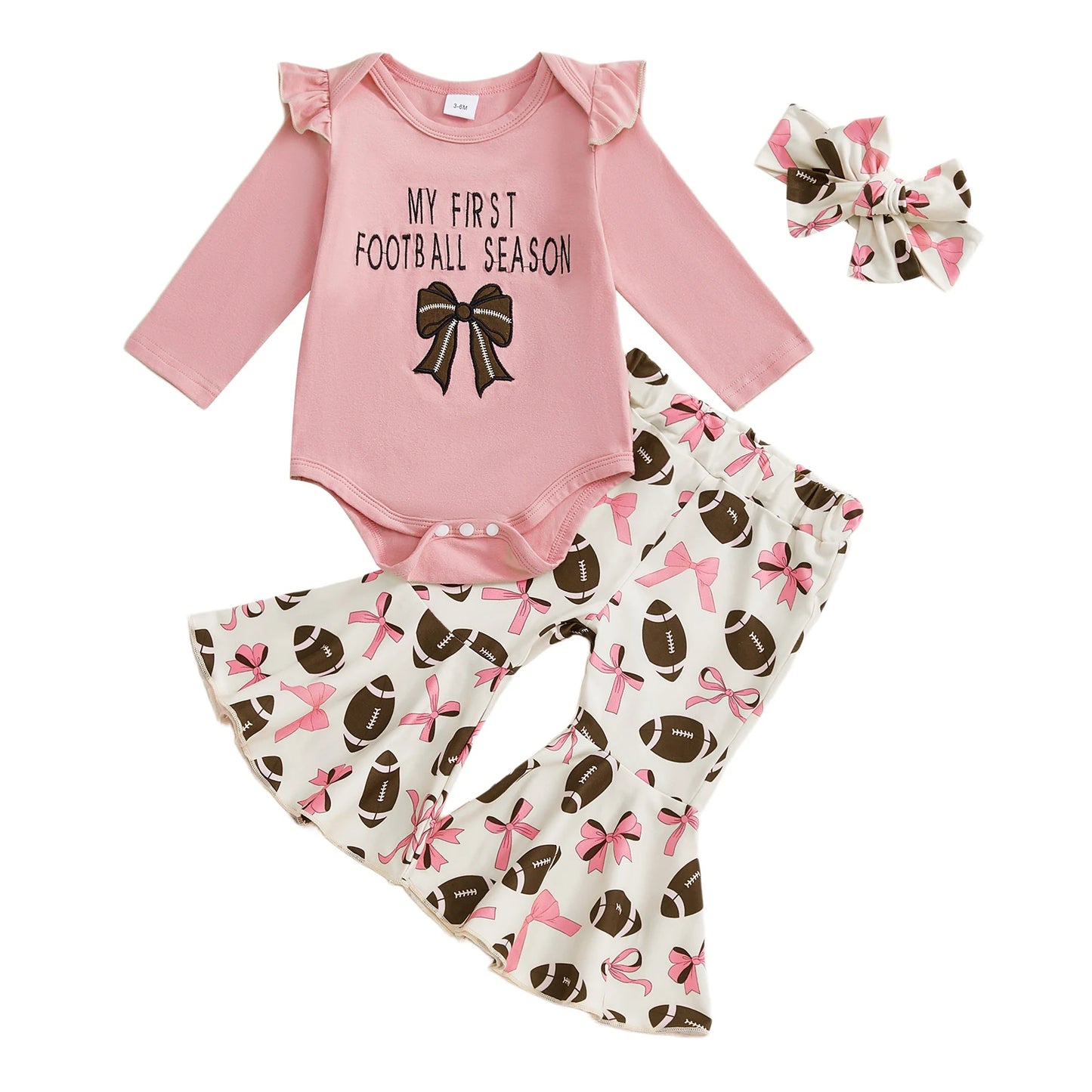Baby Girls 3Pcs Game Day Fall Outfit Football Print Long Sleeves Romper and Elastic Flared Pants Headband Set Cute Clothes