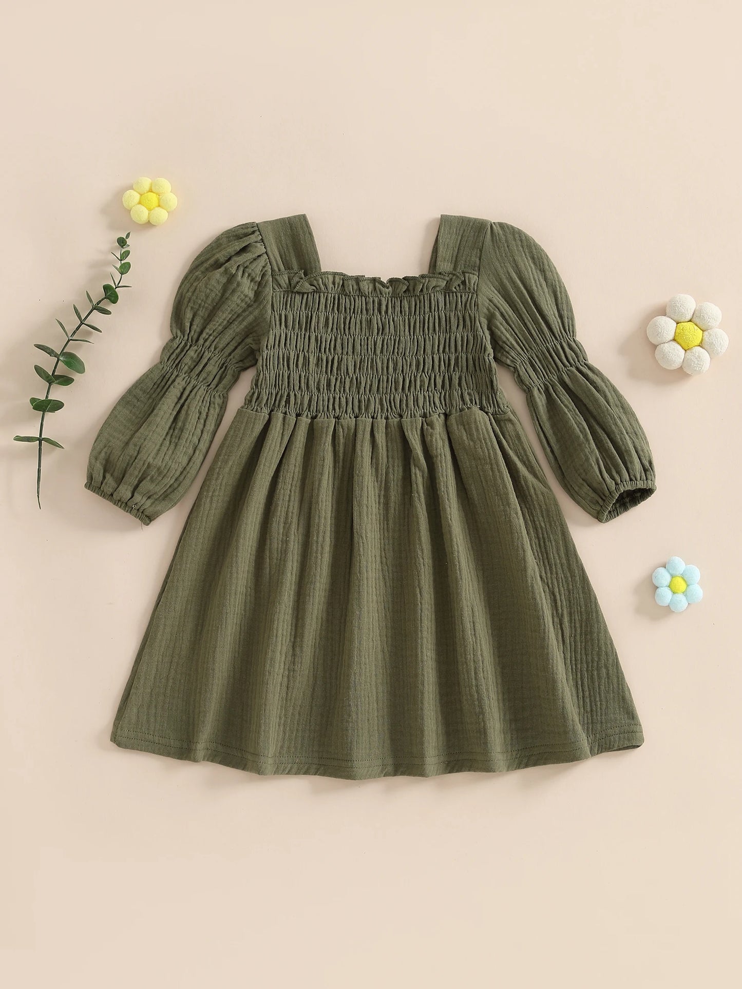 Baby Toddler Girl Bubble Sleeve Dress Stylish Solid Smocked Square Neck Long Sleeve A Line Dress