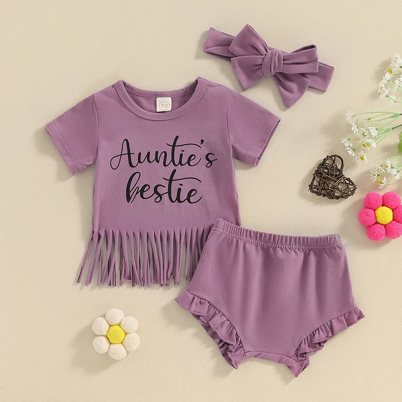 Toddler Baby Girl 3Pcs Auntie's Bestie Set Print Short Sleeve Crew Neck T-Shirt Frill Shorts Headband Set