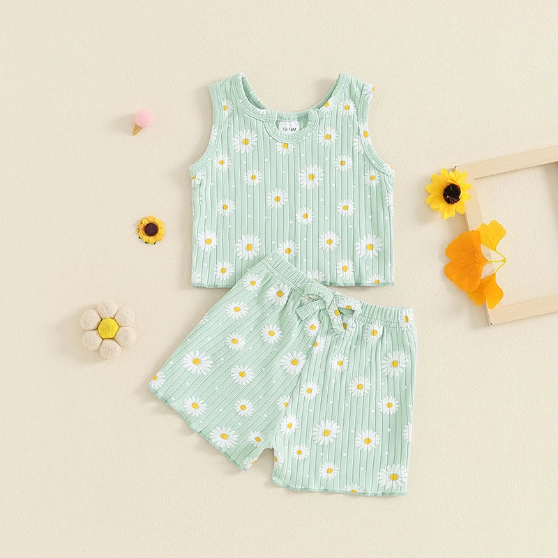 Baby Toddler Kids Girls 2Pcs Summer Clothes Set Sleeveless U Neck Flower Daisy Print Tank Top Shorts Set