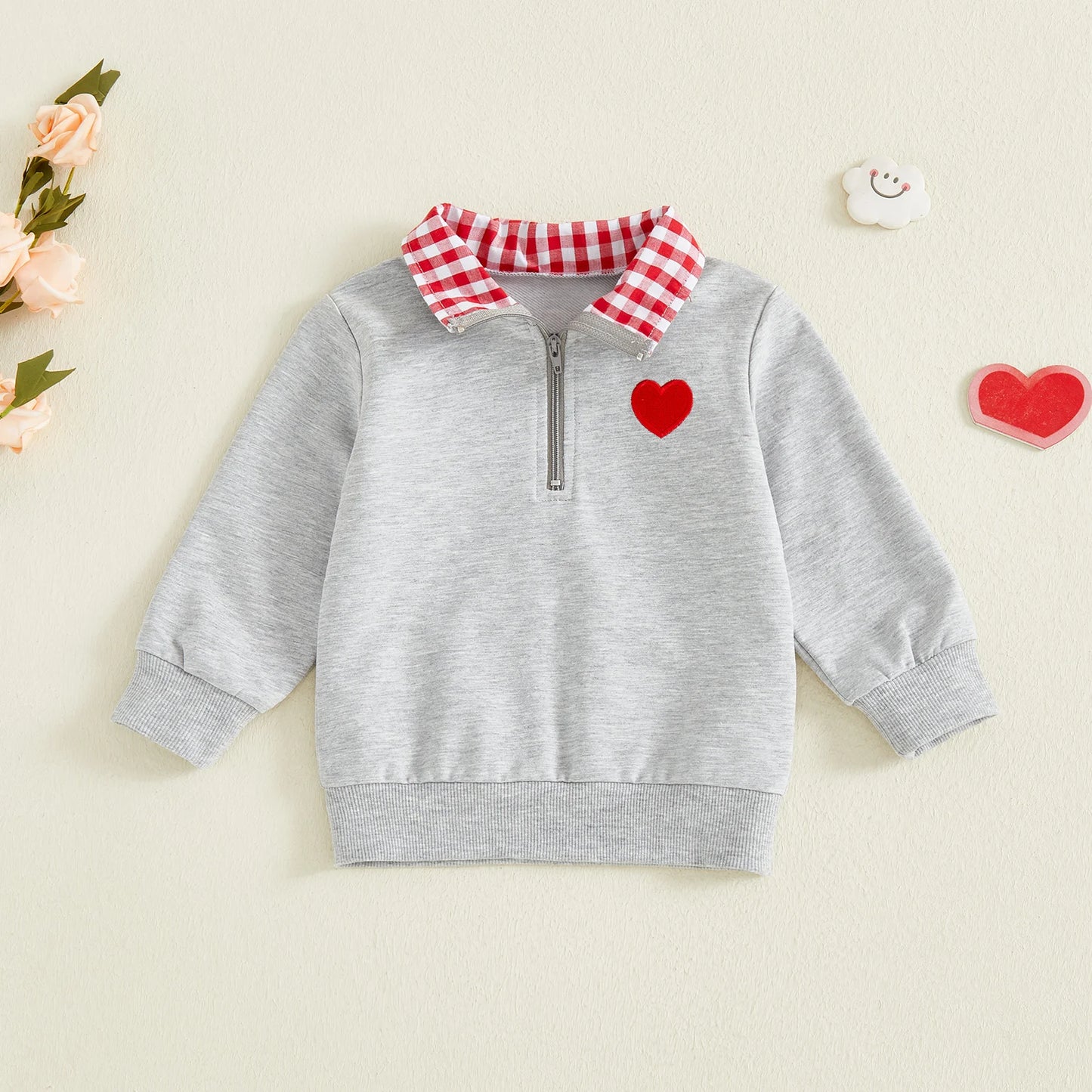 Baby Toddler Boys Girls Long Sleeve Plaid Collar Embroidery Heart Tops for Valentine Day
