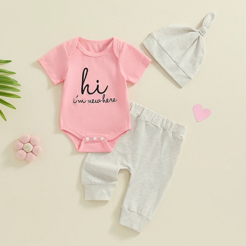 Baby Girl Boy 3Pcs Hi I'm New Here Outfit Letter Embroidery Short Sleeve Romper Elastic Waist Long Pants Hat Clothes Set