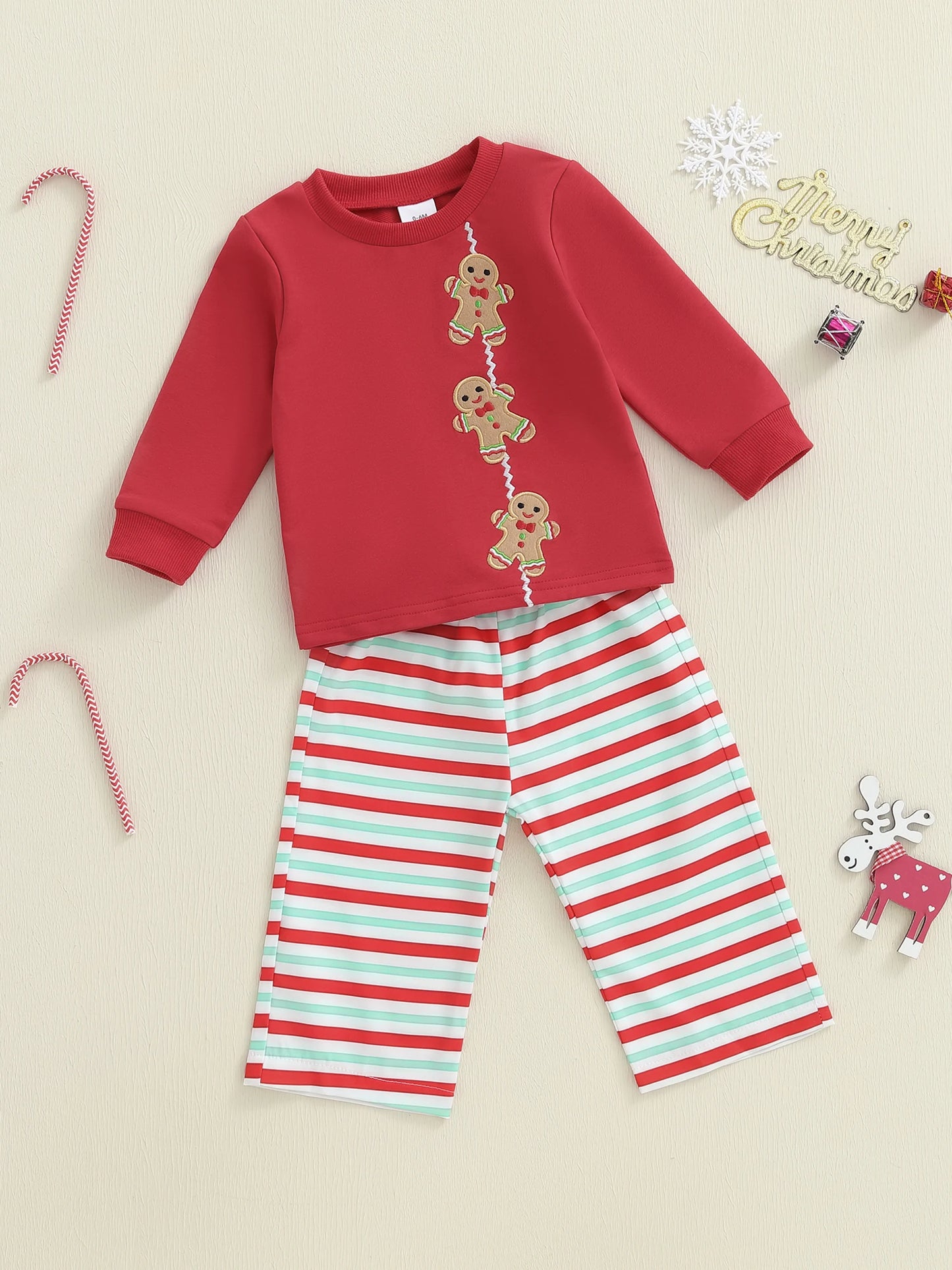 Baby Toddler Boy Girl 2Pcs Christmas Outfits Long Sleeve Gingerbread Man Embroidery Tops + Pants Set Clothes