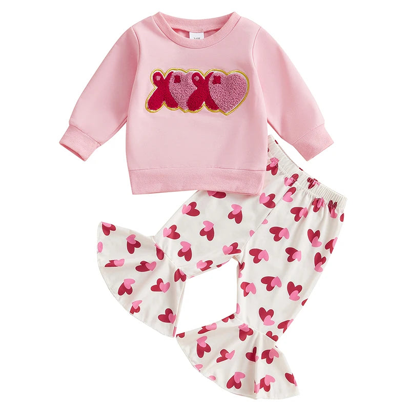 Baby Toddler Girls 2Pcs Valentine's Day Set XOXO Heart Letter Embroidered Long Sleeve Crewneck Top Heart Print Flare Pants Outfit