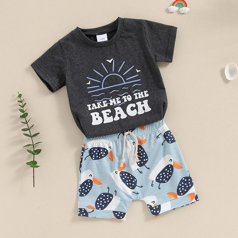 Baby Toddler Boys 2Pcs Finders Keepers / Take Me To The Beach Short Sleeve Letter Print Top and Drawstring Shorts Set