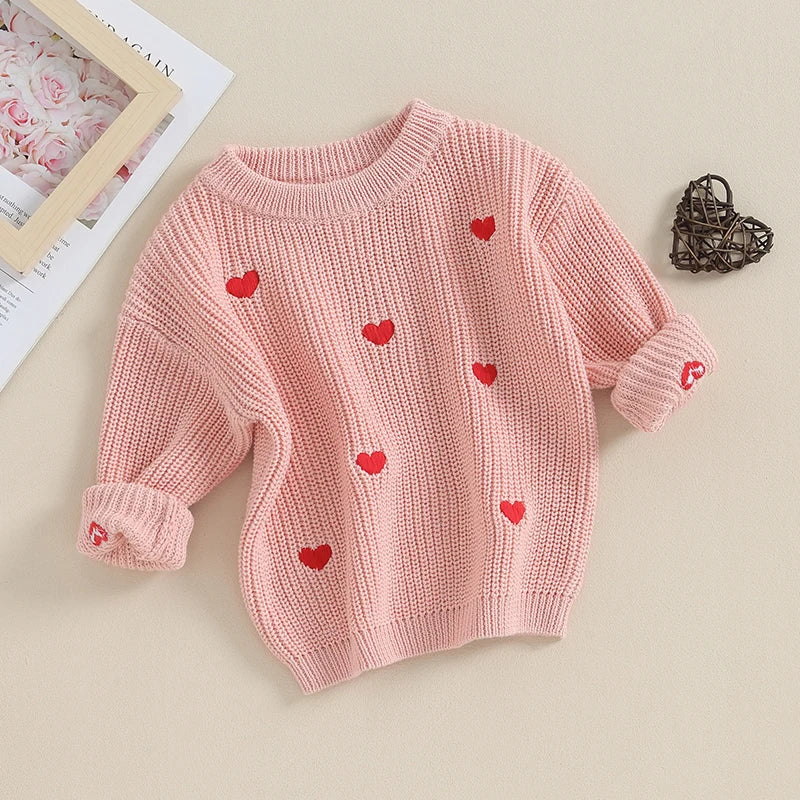 Baby Girl Knit Sweater Heart Embroidery Pullover Valentine's Day Clothes Top