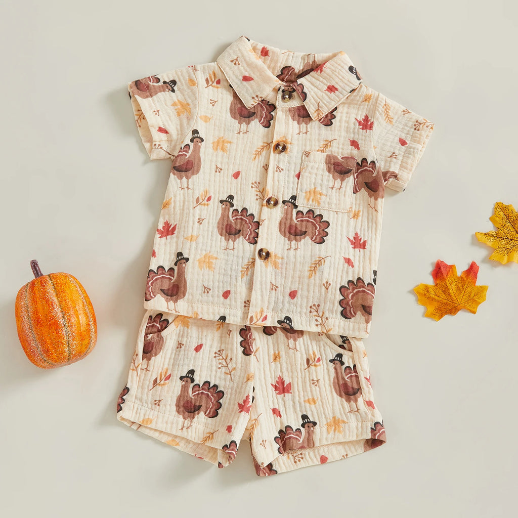 Baby Toddler Boys 2Pcs Thanksgiving Outfit Turkey Short Sleeve Button-up Shirt Elastic Waist Shorts Set