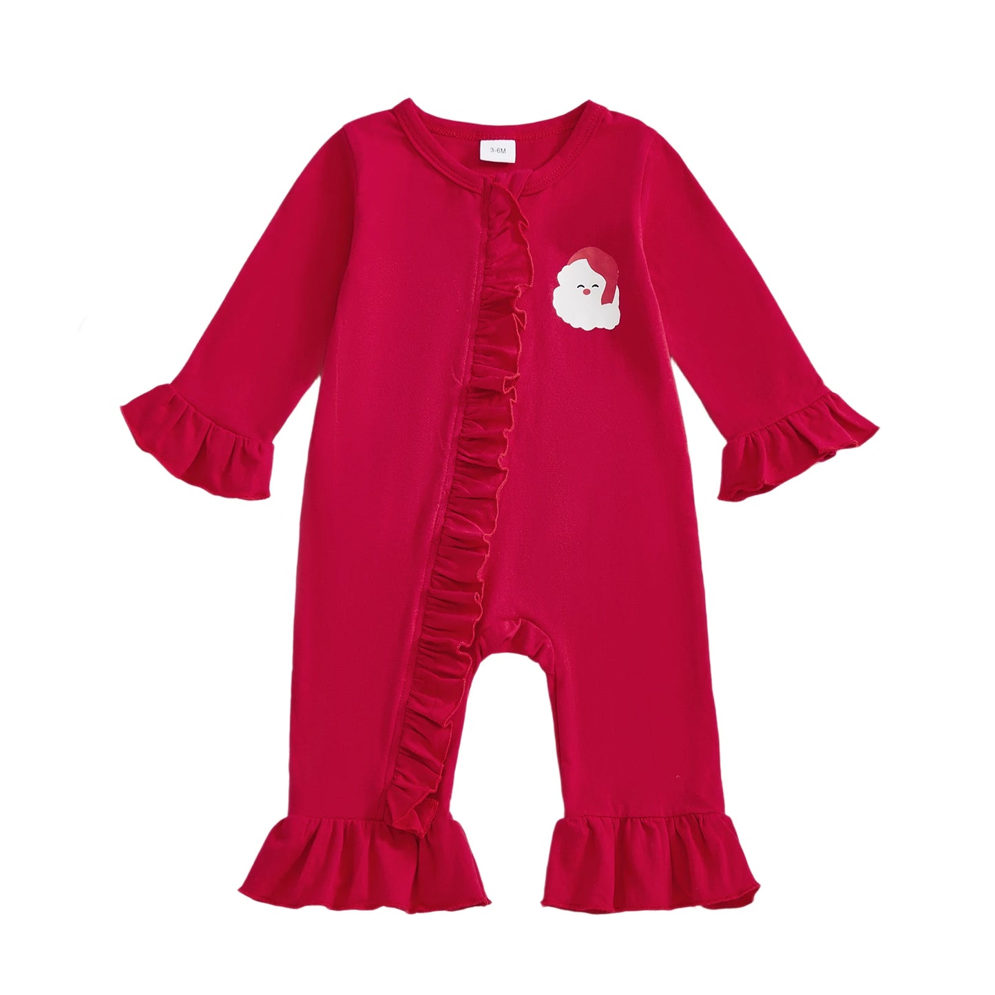 Baby Girl Bell Bottom Romper Fashionable Santa Claus Print Ho Ho Ho Bottom Round Neck Long Sleeve Ruffled Jumpsuit