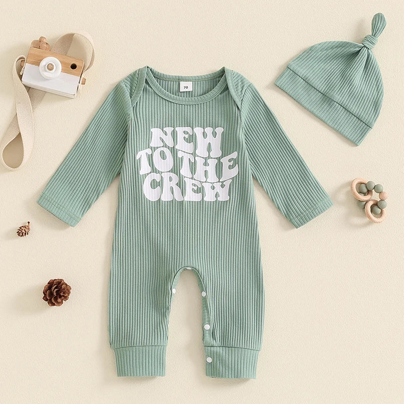 Baby Girl Boy 2Pcs New To The Crew Fall Romper Letter Ribbed Long Sleeve Full Length Jumpsuit Hat Clothes Outfit Set