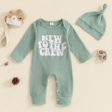 Load image into Gallery viewer, Baby Girl Boy 2Pcs New To The Crew Fall Romper Letter Ribbed Long Sleeve Full Length Jumpsuit Hat Clothes Outfit Set
