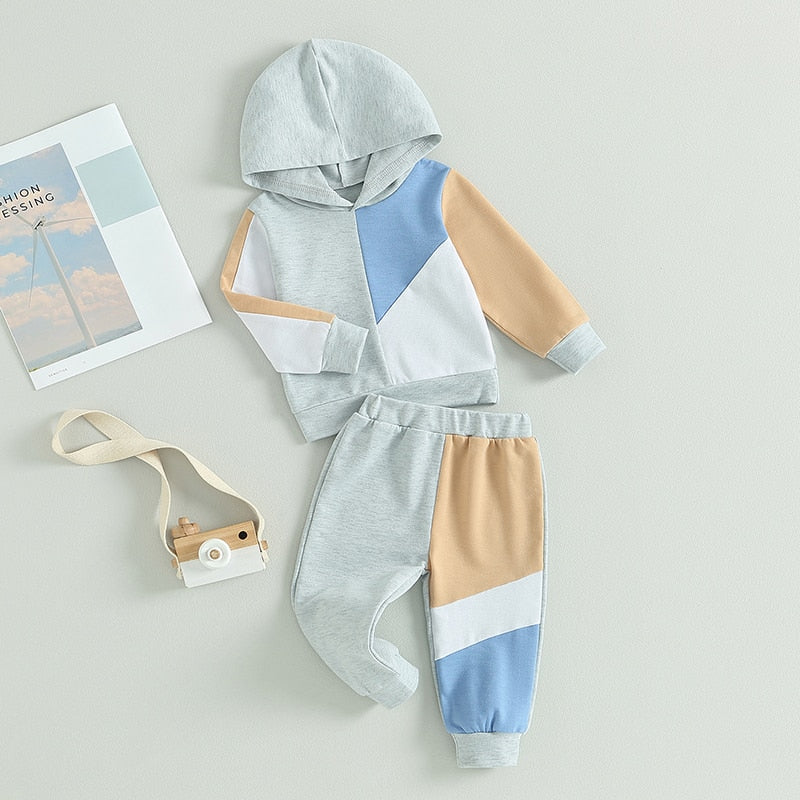 Baby Toddler Boy Girl 2Pcs Outfit Contrast Color Block Long Sleeve Hoodie Long Pant