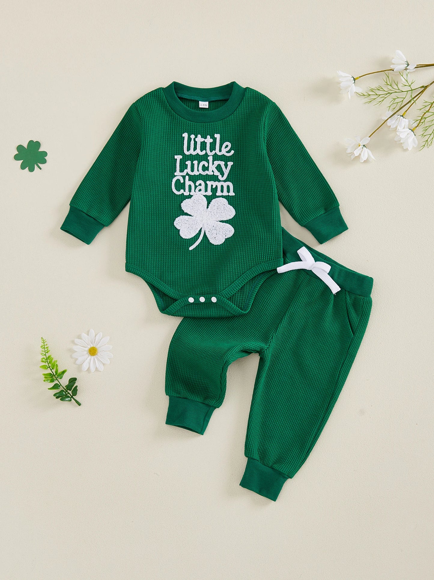 Baby Boys Girls 2Pcs Little Lucky Charm Outfit Long Sleeve O Neck Letter Shamrock Embroidery Jumpsuit Romper and Elastic Waist Pants Set
