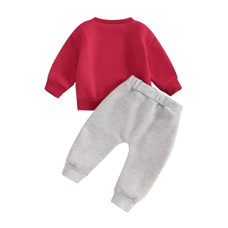 Baby Toddler Boys 2Pcs Christmas Outfit Long Sleeve Santa Embroidery Top and Pocket Pants Jogger Set