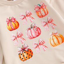 Load image into Gallery viewer, Baby Girls Halloween Thanksgiving Bubble Romper Pumpkin Bow Print Long Sleeve Round Neck Jumpsuit for Fall
