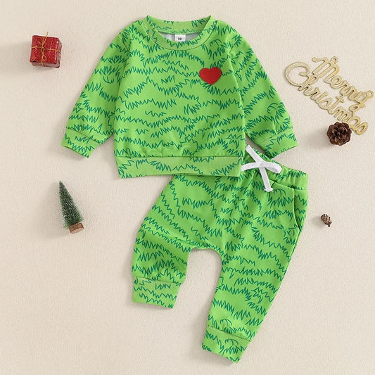 Baby Toddler Boy 2Pcs Christmas Outfit Heart Grinch Green Long Sleeve Top Pants Jogger Set